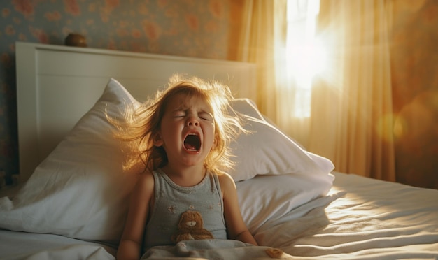 Dziecko płacze w łóżku przed snem zbliżenie młoda dziewczyna zraniona w bólu płacz w białym łóżku kopiować przestrzeń