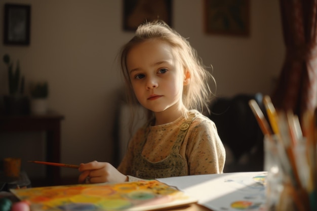 Dziecko płci żeńskiej rasy kaukaskiej rysuje w pokoju artystycznym rysuje generatywny AI AIg23
