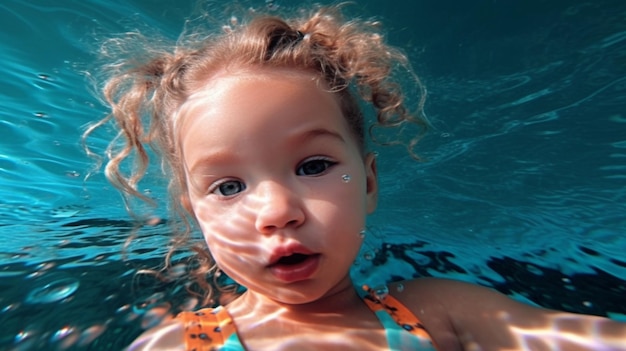 Dziecko pływa pod wodą w niebiesko-zielonym stroju kąpielowym.