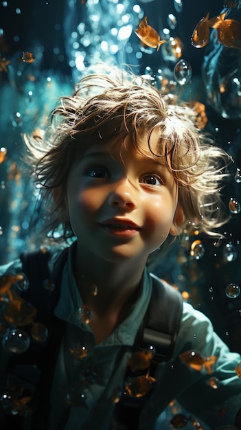 Zdjęcie dziecko pływa pod wodą z szeroko otwartymi oczami i wyrazem zachwytu na twarzy stworzone za pomocą generatywnej sztucznej inteligencji