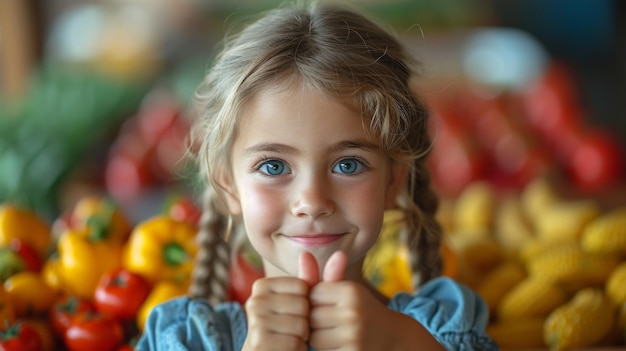 Dziecko pokazuje kciuki w przedszkolu, jedząc zdrowe jedzenie