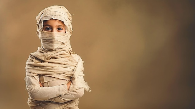 Dziecko przebrane za mumię na Halloween, stojące przed odizolowanym tłem
