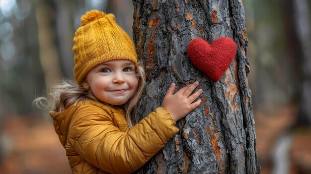 Dziecko przytula pnię z czerwonym drzewem w kształcie serca przytula miłość naturę
