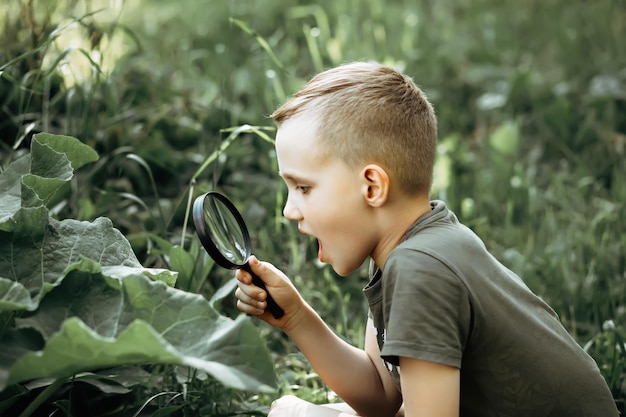 Dziecko rasy kaukaskiej chłopiec odkrywające środowisko naturalne z lupą ze szkła powiększającego