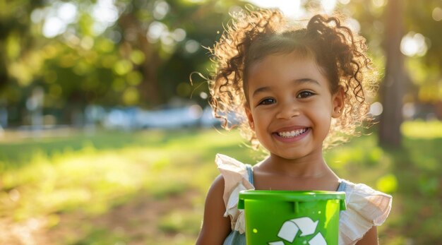 Dziecko recyklingowe i wolontariusze sprzątają park dla świadomości środowiskowej i zrównoważonego rozwoju