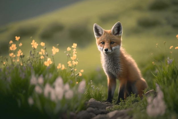 Dziecko rudy lis wiosną zielona trawa z kwiatami Generative AI