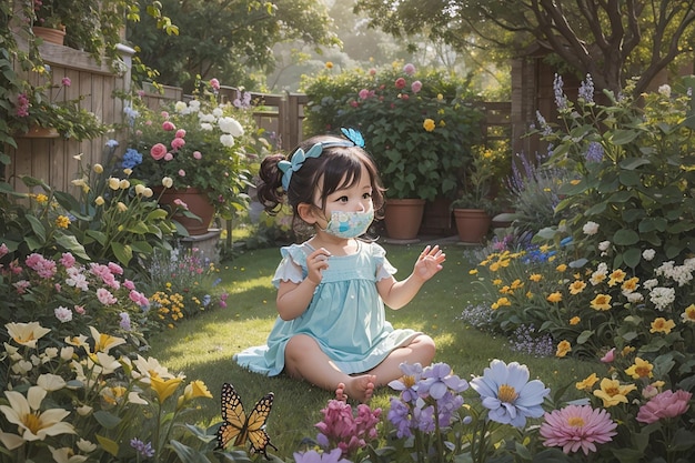 Dziecko siedzące na polu polnych kwiatów i wyciągające rękę, by dotknąć pięknego motyla