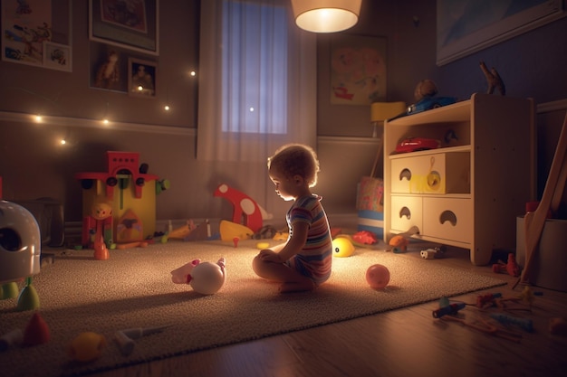 Dziecko siedzi na podłodze w pokoju zabaw w nocy
