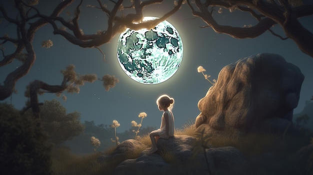 Dziecko siedzi na skale pod księżycem i widać ziemię.