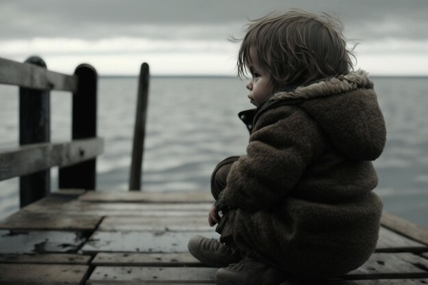 Dziecko siedzi na stacji dokującej i patrzy na morze.
