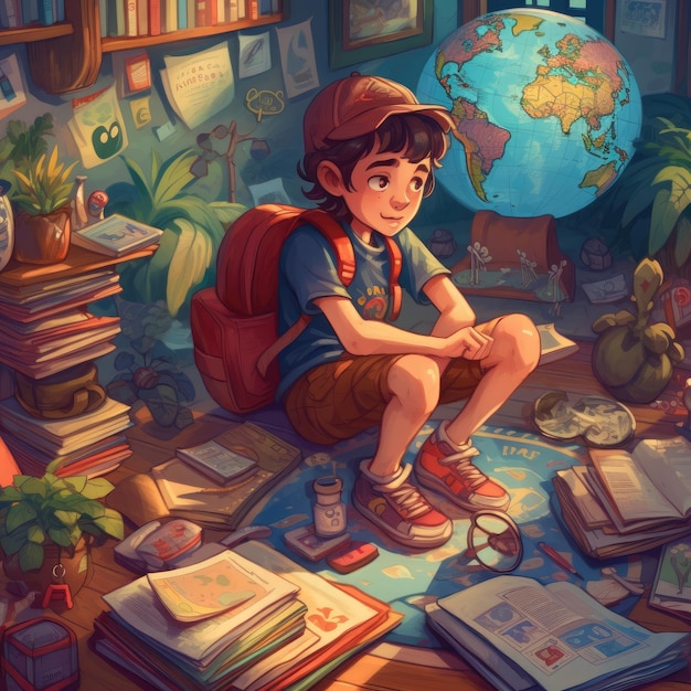 Dziecko siedzi na ziemi czytając książkę wśród wielu różnych kreskówek z generatywną ai