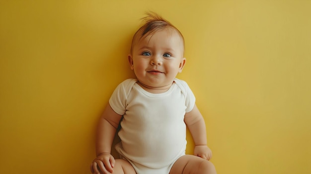 Dziecko siedzi na żółtym tle