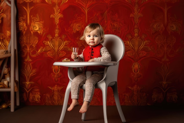 Dziecko siedzi w wysokim krzesełku i pije z kubka
