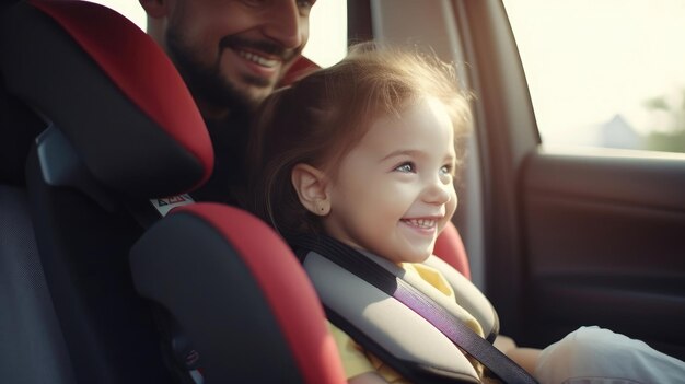dziecko śliczna dziewczyna w foteliku samochodowym chronionym przez siedzenie Generative Ai