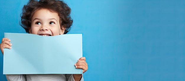Zdjęcie dziecko śmia się za pustym błękitnym papierem dla reklamy