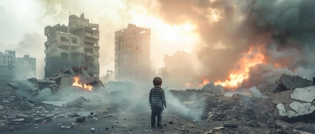 Dziecko stoi wśród zniszczeń w zniszczonym przez wojnę krajobrazie miejskim