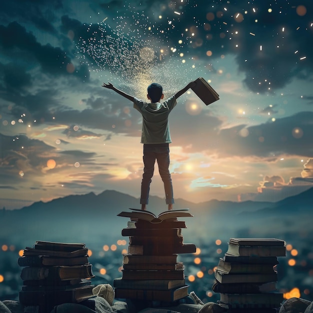 Zdjęcie dziecko stojące na wieży z książkami na tle zachodu słońca niebo ai generowane