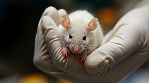 Zdjęcie dziecko szczura albino trzymane w ręku z rękawiczką przez badacza generative ai
