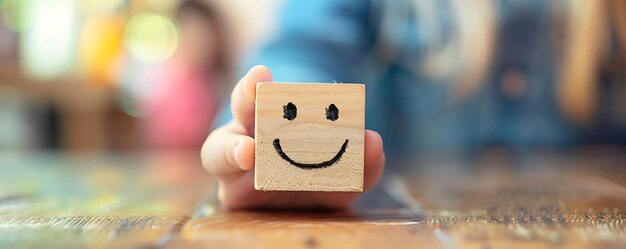 Zdjęcie dziecko trzyma drewnianą kostkę z uśmiechniętą twarzą
