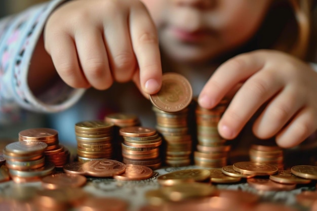 Dziecko trzyma i układa monety blisko pieniędzy dziecko uczy się finansów gospodarki oszczędności
