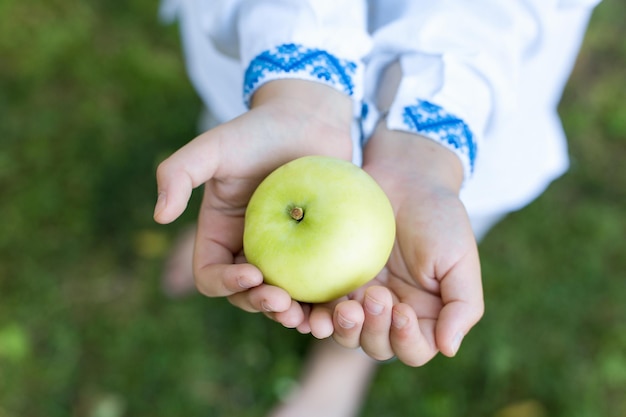 Dziecko trzyma jabłko w dłoniach.