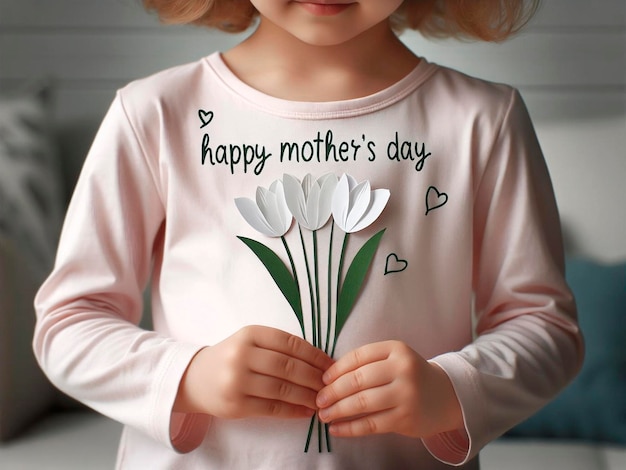 Dziecko trzyma kwiat z tekstem "Szczęśliwy Dzień Matki"