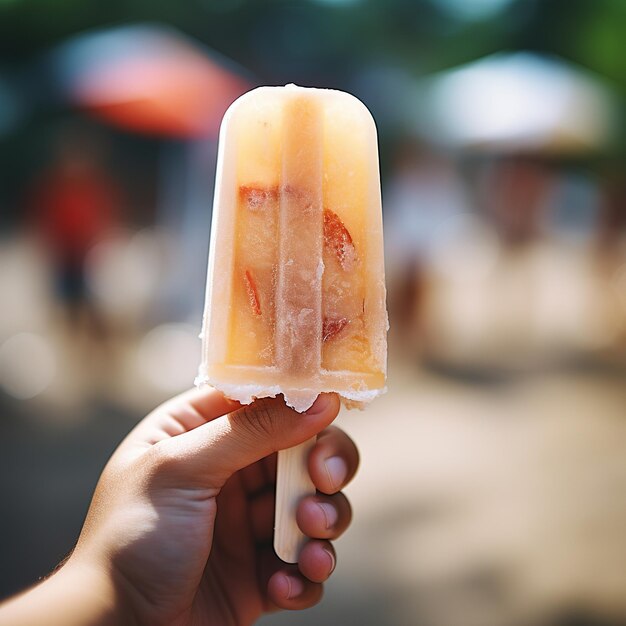 Zdjęcie dziecko trzyma lody na patyku closeup owocowa letnia odświeżająca przekąska