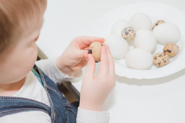Zdjęcie dziecko trzymające jajko przepiórcze przed talerzem z jajkami.