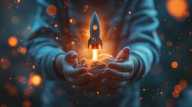 Dziecko trzymające miniaturową rakietę wystrzeloną z Ziemi