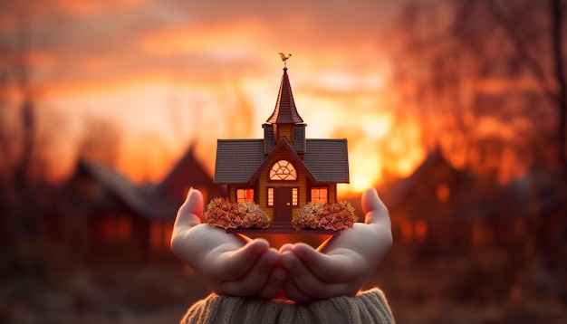dziecko trzymające miniaturowy kościół w rękach z przodu
