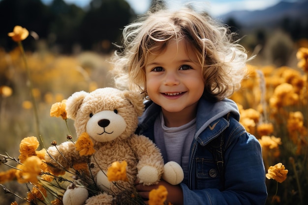 Zdjęcie dziecko trzymające misia na polu żółtych kwiatów.