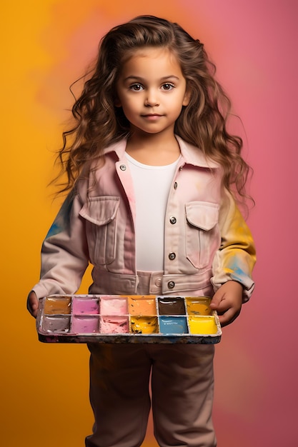 Zdjęcie dziecko trzymające paletę farb w pozycji na różowym tle