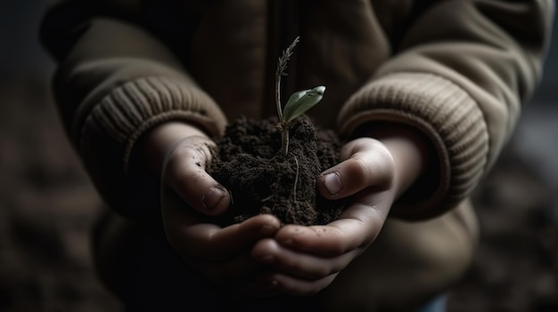 Dziecko trzymające w rękach młodą roślinę Pojęcie ekologii Generatywne Ai