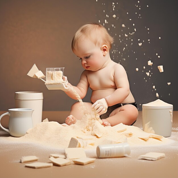 Zdjęcie dziecko tworzące linię mleka modyfikowanego w proszku