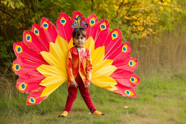 Dziecko ubrane jako paw z żywymi czerwonymi i żółtymi papierowymi piórami ogonowymi