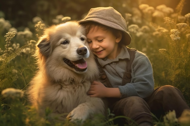 Dziecko uściska psa szczęśliwe dziecko i jego zwierzę siedzą razem na trawie latem