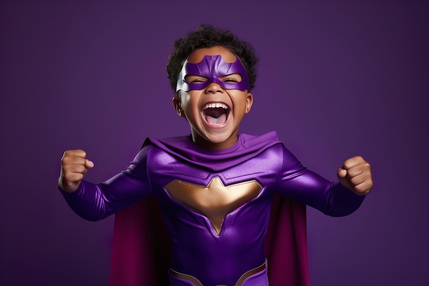 Dziecko w fioletowym kostiumie superbohatera pokazuje ekscytujące radosne emocje