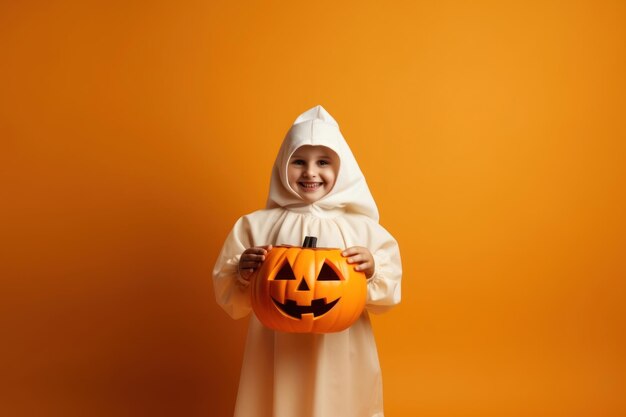 dziecko w kostiumie trzymające dynię z napisem Halloween.