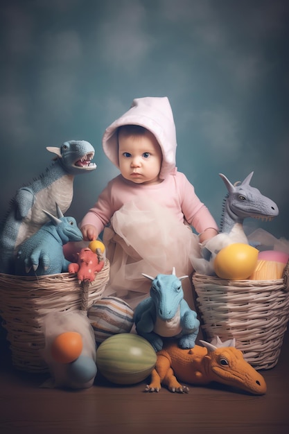 Dziecko w koszu z zabawkowym smokiem i smokiem