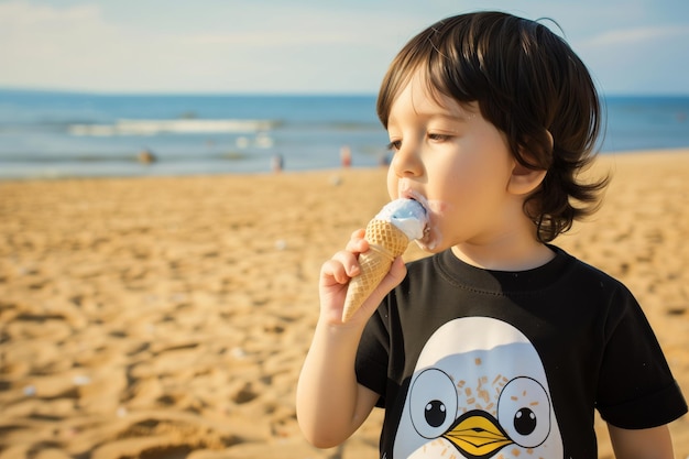 Dziecko w koszuli pingwina liże lody na plaży.