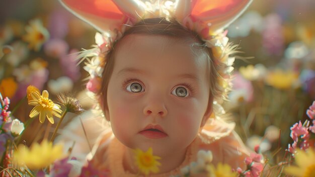 Zdjęcie dziecko w króliczkowych uszach pośród wiosennych kwiatów