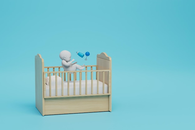 Dziecko w łóżeczku z grzechotką i butelką mleka na niebieskim tle kopiuj wklej kopiuj miejsce