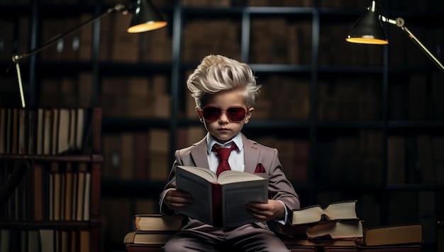 Dziecko w okularach przeciwsłonecznych trzyma książkę w stylu retro elegancji Wygenerowano sztuczną inteligencję
