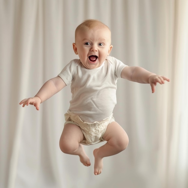 Dziecko w pieluchach skacze w powietrze