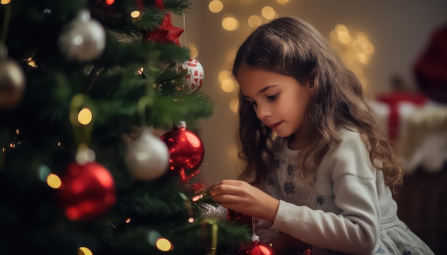 Dziecko w pobliżu choinki z prezentami Koncepcja świąt Bożego Narodzenia i nowego roku