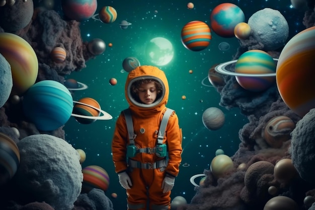 Dziecko w pomarańczowym kostiumie astronauty stoi w przestrzeni otoczonej planetami.