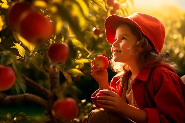 Dziecko w sadzie jabłkowym Dziecko ze świeżymi jabłkami