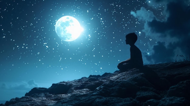 Dziecko w sylwetce siedzi na skale pod jasnym pełnym księżycem w spokojnym gwiezdnym nocnym krajobrazie