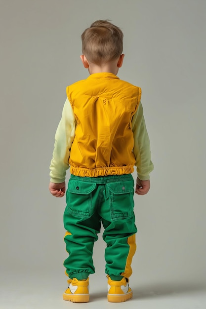 Dziecko w zielonych spodniach i żółtej kamizelce