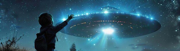 Dziecko Wyciąga Rękę W Stronę świecącego Ufo Na Nocnym Niebie